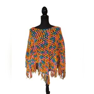vtg MCM 70s handmade Bright Colorful crochet Boho poncho